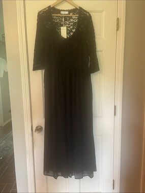 Nemidor Black Lace Bodice Maxi Dress with Three-Quarter Sleeves—Size 14